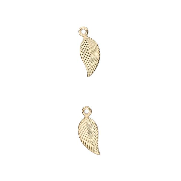 Charm, 14Kt gold-filled, 10x5mm single-sided left- and right-facing textured leaf. Sold per pkg of 2. image number 0