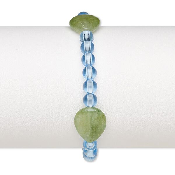 Bracelet, stretch, quartz (dyed) and acrylic, light blue and light green, 5mm round and 17x13mm-18x13mm flat teardrop, 7 inches. Sold individually. image number 0