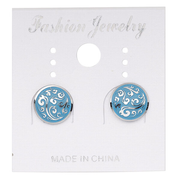 Earstud, stainless steel, blue patina, 10mm round with fancy swirl design. Sold per pair. image number 0