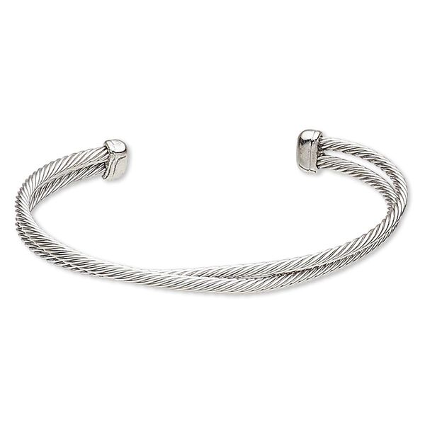 Bracelet, cuff, silver-finished "pewter" (zinc-based alloy) and brass, 9mm wide double twisted cable, 7-inch adjustable. Sold individually. image number 0