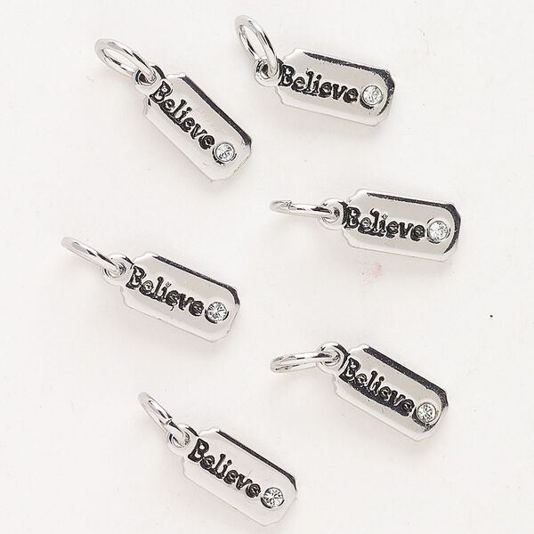 Drop "pewter" zinc-based alloy glass 6pk 10x5mm affirmation rectangle "Believe," antique silver finish clear image number 0