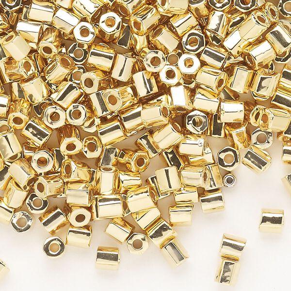 Seed bead, Dyna-Mites™, glass, opaque 24Kt gold-plated, #6 hex 2-cut. Sold per 40-gram pkg. image number 0