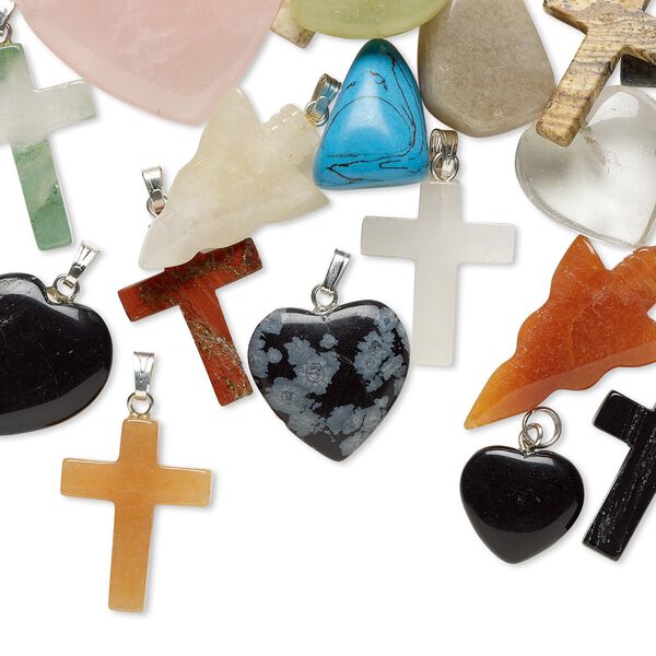 Multi-gemstone / glass / steel 1pkg25, silver finish mixed shape pendant mix 10mm-35x35mm image number 0