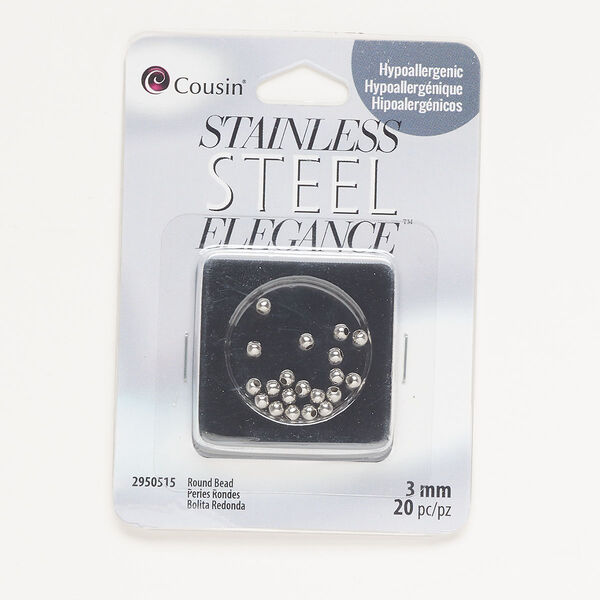 Bead, antique silver-finished stainless steel, 3mm round. Sold per pkg of 20. image number 0