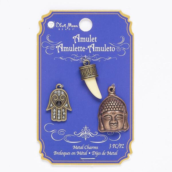 Charm mix, acrylic / antique brass- / antique copper-finished "pewter" (zinc-based alloy), clear / tan / dark red, 20mm single-sided Fatima hand / 22x11mm 3D tooth / 22x19mm single-sided Buddha head. Sold per pkg of 3. image number 0