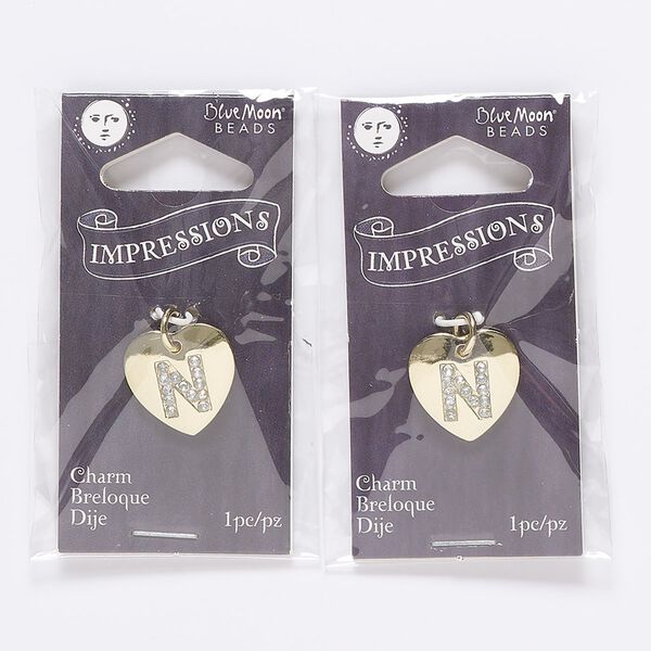 Charm, gold-finished "pewter" (zinc-based alloy) / steel / acrylic rhinestone, clear, 15.5x15mm single-sided puffed heart with letter "N." Sold per pkg of 2. image number 0