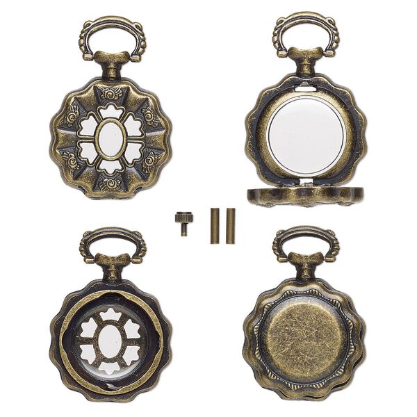 Watch body, acrylic and antique brass-finished "pewter" (zinc-based alloy), transparent clear, 41x27mm with 27mm round and flower design. Sold per 5-piece set. image number 0