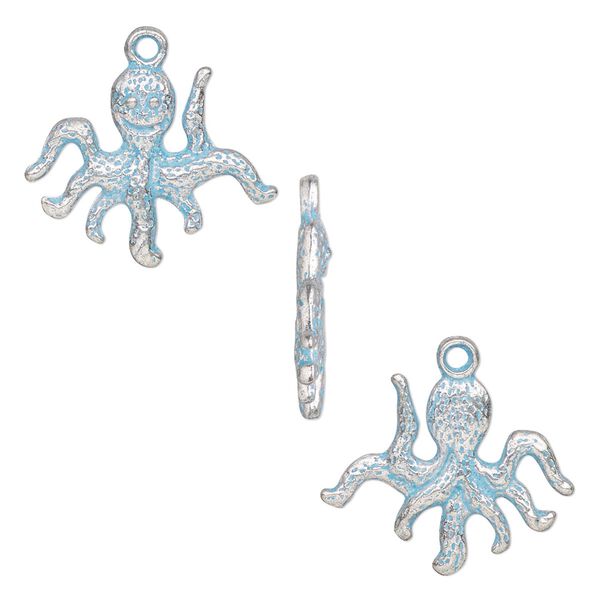 Charm, antique silver-finished pewter (tin-based alloy), blue patina, 20x16mm two-sided octopus. Sold per pkg of 4. image number 0