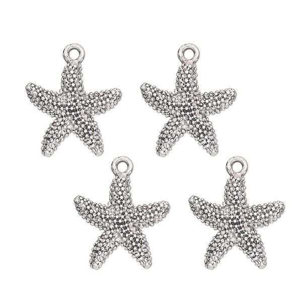 Charm, antique silver-finished "pewter" (zinc-based alloy) , 19mm single-sided starfish. Sold per pkg of 4. image number 0