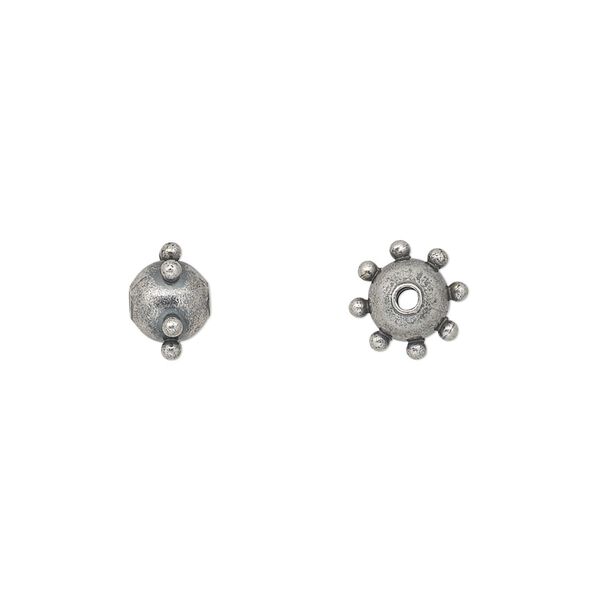 Bead, antiqued silver-plated steel, 8x6mm studded round. Sold per pkg of 10. image number 0