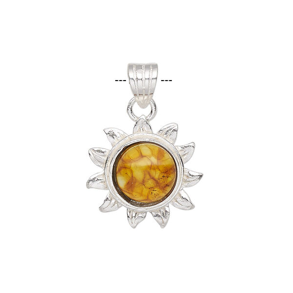 Pendant, amber (assembled) and sterling silver, 27x19mm sunflower with 10mm round. Sold individually. image number 0