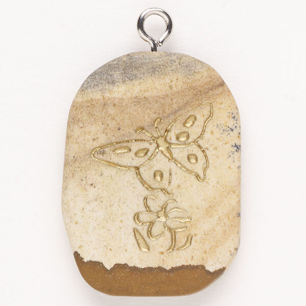 Focal, steel/picture jasper (natural)/enamel, pkg/1, silver finish and gold, 34x28mm single-sided puffed freeform with butterfly and flower, B grade. image number 0