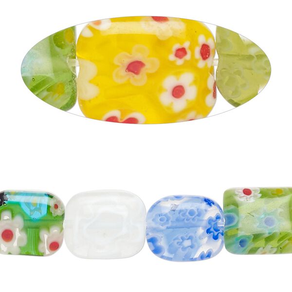 Bead, millefiori glass, translucent multicolored, 12x10mm  puffed rounded rectangle with flower design. Sold per 14-inch strand. image number 0