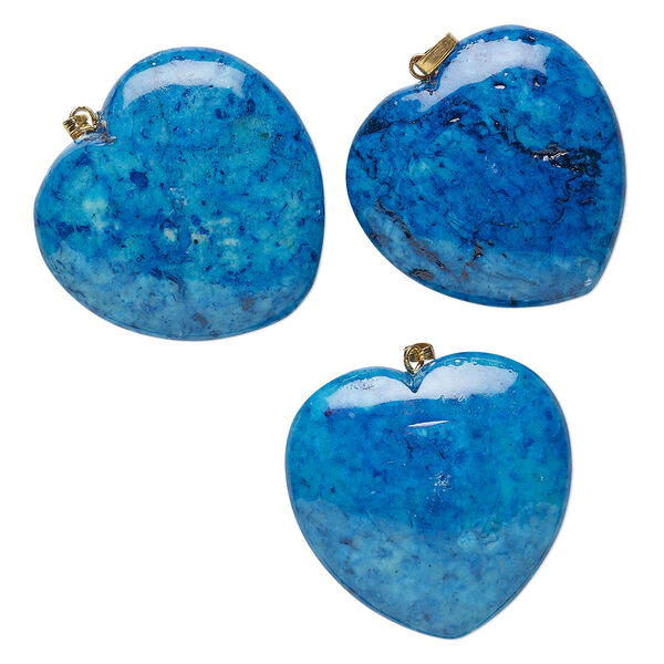 Pendant, Everyday Jewelry, riverstone (dyed) and gold-finished brass, blue, 34-36mm heart. Sold per pkg of 3. image number 0