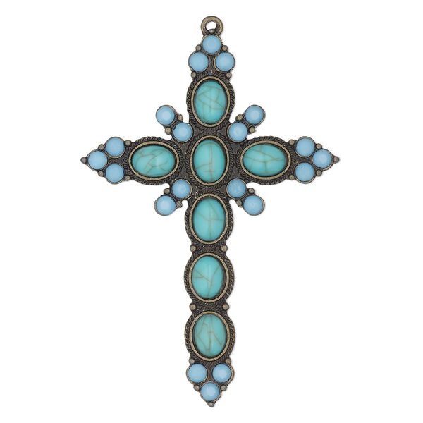 Focal, antique brass-finished "pewter" (zinc-based alloy), "turquoise" (imitation) resin and glass, turquoise blue, 2-3/4x2-inch single-sided cross. Sold individually. image number 0