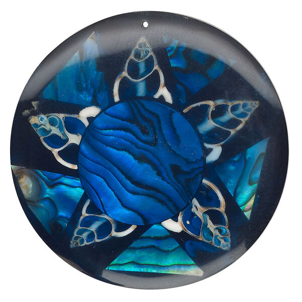Focal, paua shell and dilate conch shell (assembled), dark blue, 50mm top-drilled single-sided  round with flower, Mohs hardness 3-1/2. Sold individually. image number 0