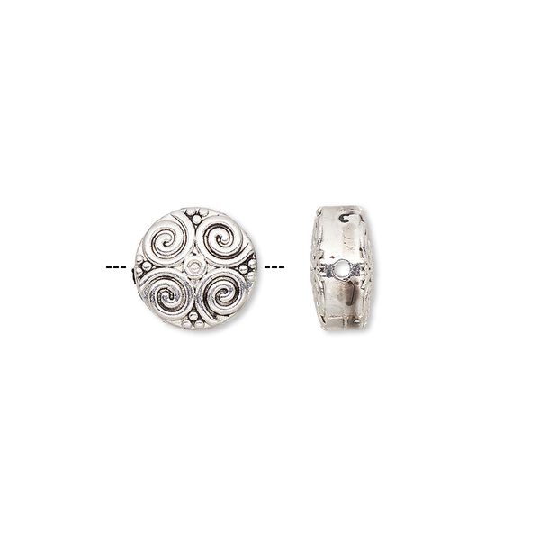 Bead, antique silver-finished "pewter" (zinc-based alloy), 10mm double-sided flat round with spiral design. Sold per pkg of 10. image number 0