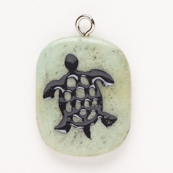 Focal, steel/green aventurine (natural)/enamel, pkg/1, silver finish and black, 30x24mm-39x27mm single-sided puffed freeform with turtle, C grade. image number 0