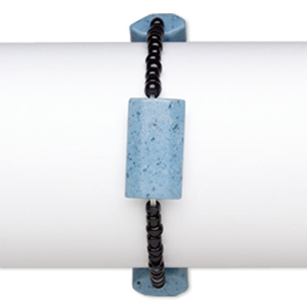 Bracelet, stretch, glass, opaque black and blue, 4x3mm-5x4mm rondelle and 24x14mm-25x16mm faceted puffed rectangle, 7 inches. Sold individually. image number 0