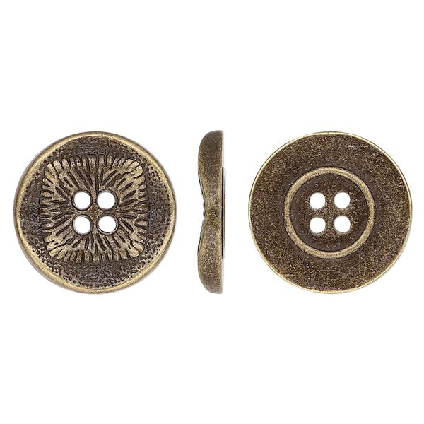 Button, antiqued brass-finished "pewter" (zinc-based alloy), 17mm single-sided wavy flat round with textured square design. Sold per pkg of 20. image number 0