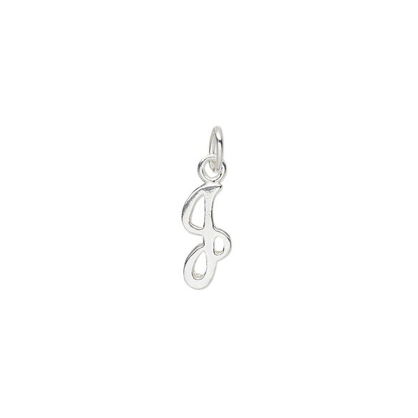 Charm, sterling silver, 11x6mm Champagne cursive alphabet letter "J." Sold individually. image number 0