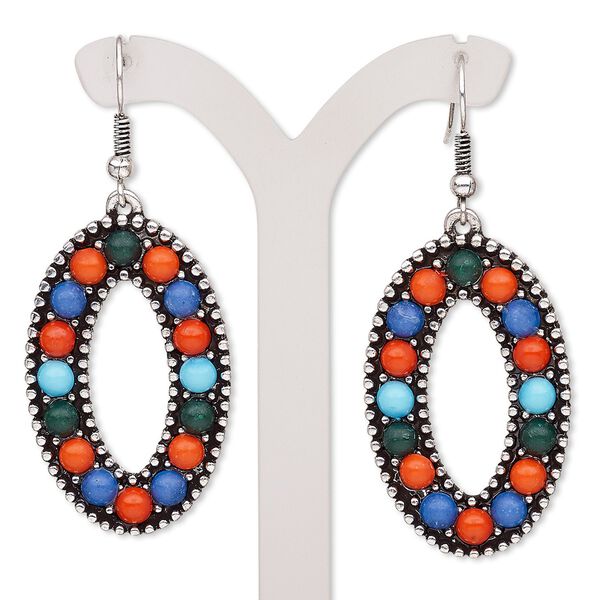 Earring, resin with antique silver-plated brass and "pewter" (zinc-based alloy), multicolored, 2-1/4 inches with open oval and fishhook ear wire. Sold per pair. image number 0