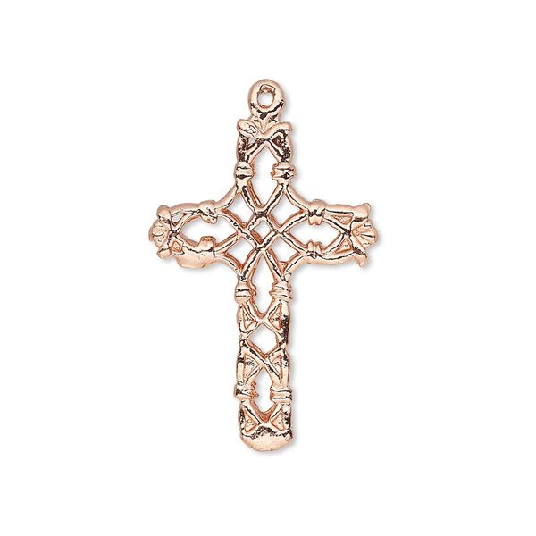 Drop, copper, 27x19mm filigree cross. Sold per pkg of 2. image number 0