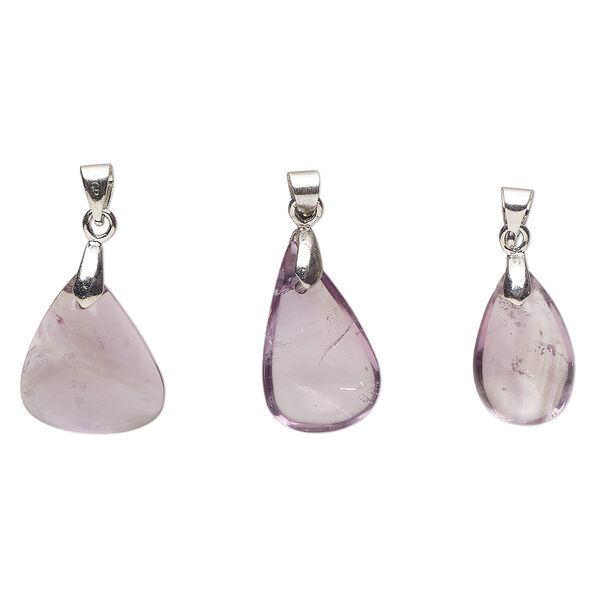 Amethyst / pewter (tin-based alloy) 1pkg3, imitation rhodium-finished teardrop freeform pendant natural 17x10mm-22x13mm image number 0