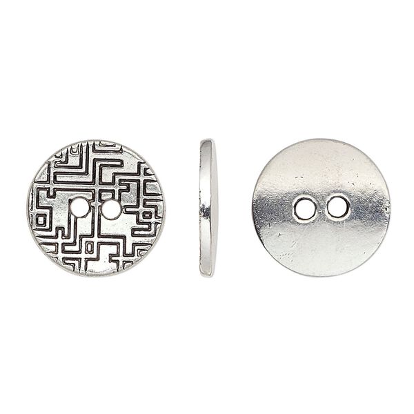 Button, antique silver-plated "pewter" (zinc-based alloy), 15mm single-sided flat round with geometric design. Sold per pkg of 20. image number 0