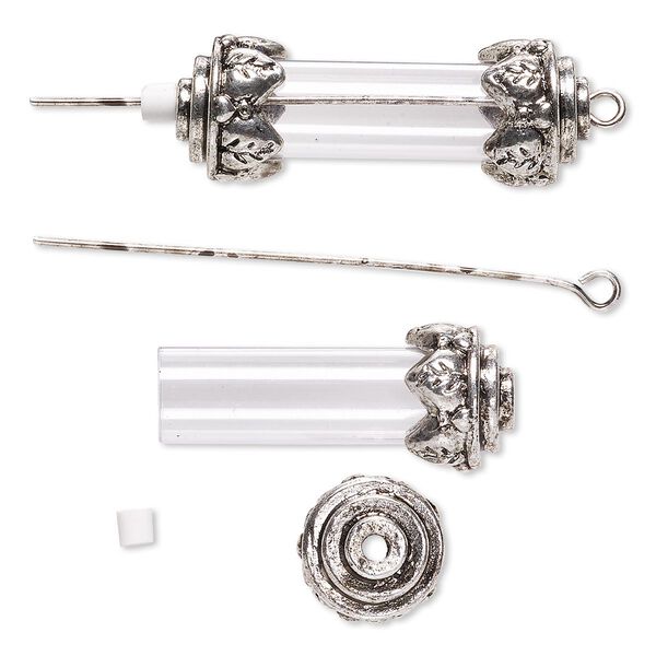 Focal, acrylic and antique silver-finished brass and "pewter" (zinc-based alloy), clear, 34x12mm with 25x8mm round tube and removable ends, 2-inch eye pin. Sold per pkg of 10. image number 0
