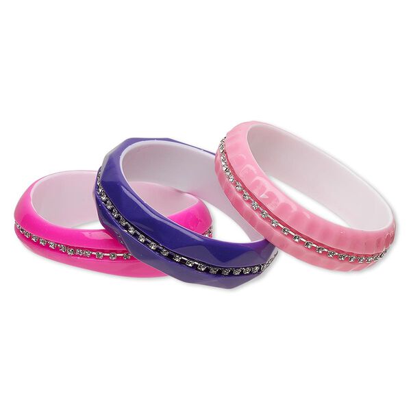 Bracelet, bangle, acrylic / glass rhinestone / silver-finished brass, multicolored, 26mm and 21mm wide with cupchain and wavy / fluted / triangle pattern, 8 inches. Sold per 3-piece set. image number 0