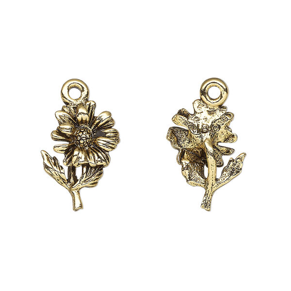 Charm, antique gold-plated pewter (tin-based alloy), 17x12mm single-sided sunflower. Sold per pkg of 2. image number 0