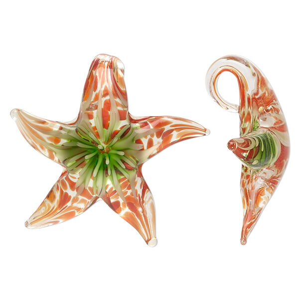 Pendant, lampworked glass, orange / green / clear, 46x42mm single-sided starfish. Sold individually. image number 0