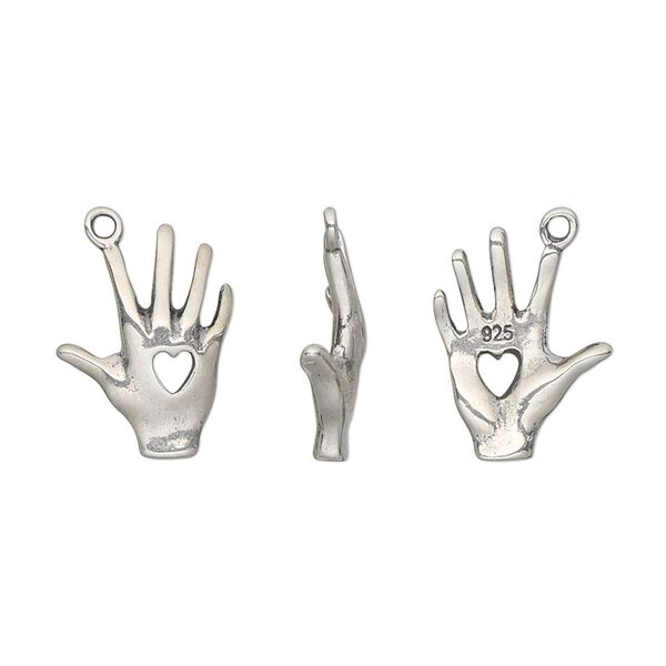Charm, sterling silver, 17x12mm double-sided hand with cutout of heart. Sold individually. image number 0