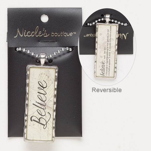Necklace, glass / silver-finished "pewter" (zinc-based alloy) / steel, cream / tan / black, 56x23 two-sided rectangle with butterfly design / "Believe" / definition of believe, 24 inches with lobster claw clasp. Sold individually. image number 0
