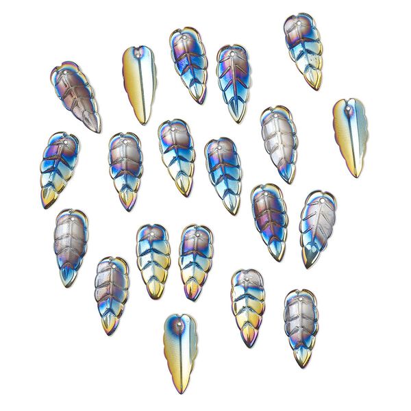Drop, pressed glass, opaque iris multicolored, 23 x 10mm pressed leaf, top-drilled. Sold per pkg of 20. image number 0