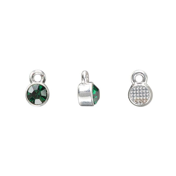 Drop, silver-finished "pewter" (zinc-based alloy) and glass rhinestone, emerald green, 6mm faceted round, May birthstone. Sold per pkg of 10. image number 0