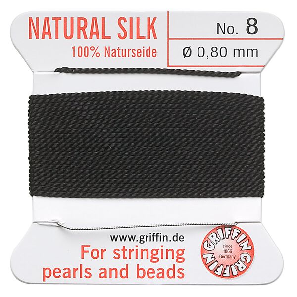 Thread, Griffin, silk, black, size #8. Sold per 2-meter card (approximately 78 inches). image number 0