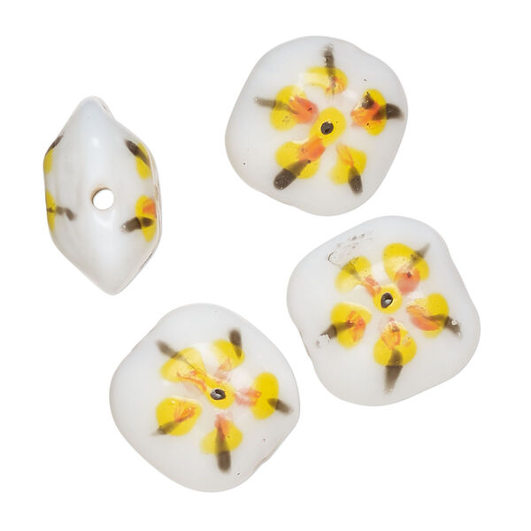 Bead, lampworked glass, opaque white / black / yellow, 17-16mm-14x13mm puffed rectangle with double-sided painted flower design. Sold per pkg of 4. image number 0