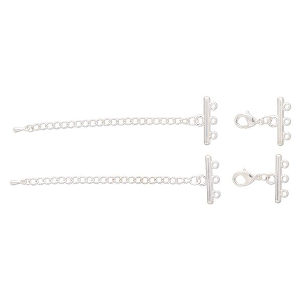 End bar, silver-finished steel and "pewter" (zinc-based alloy), 25x3mm with 3 loop and 3-inch extender chain with lobster claw clasp. Sold per pkg of 2. image number 0