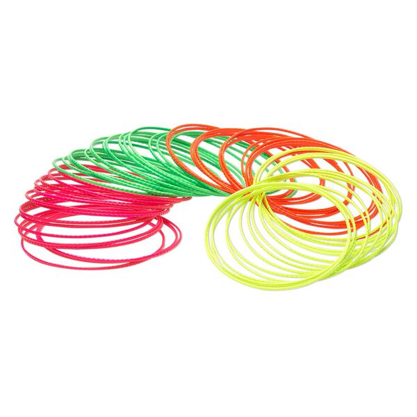 Bracelet, bangle, steel, assorted neon colors, 1mm wide textured band, 8 inches. Sold per pkg of 60. image number 0