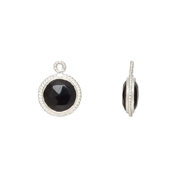Drop, black onyx (dyed) and sterling silver, 9-11mm hand-cut double-sided faceted puffed round with rope edge design, B grade, Mohs hardness 6-1/2 to 7. Sold individually. image number 0
