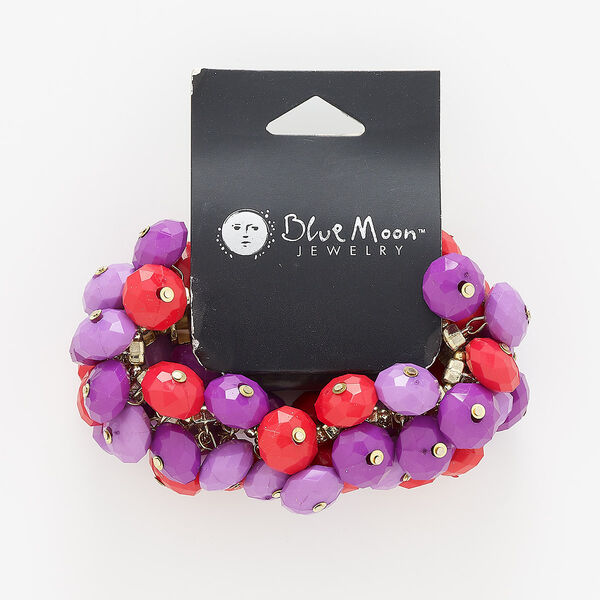 Bracelet, stretch, acrylic and gold-finished "pewter" (zinc-based alloy), red / purple / light purple, 35mm wide with 3-row faceted rondelle, adjustable from 6 to 8 inches. Sold individually. image number 0