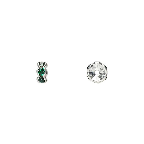 Bead, glass rhinestone and silver-plated brass, emerald green, 5x2mm rondelle. Sold per pkg of 10. image number 0