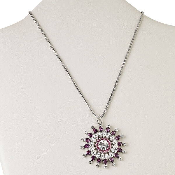 Necklace, imitation rhodium-plated brass and crystal rhinestone, clear / purple / pink, 46mm fancy round, 15" to 16" snake chain with 2-inch extender chain and lobster claw clasp. Sold individually. image number 0