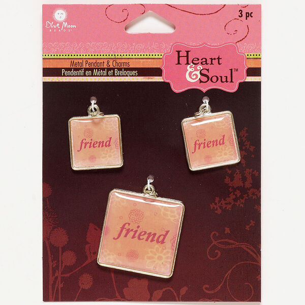 Drop mix, silver-finished "pewter" (zinc-based alloy)/resin/steel, clear/red/yellow, (2) 17mm and (1) 25mm square with "friend" and flower design. Sold per pkg of 3. image number 0