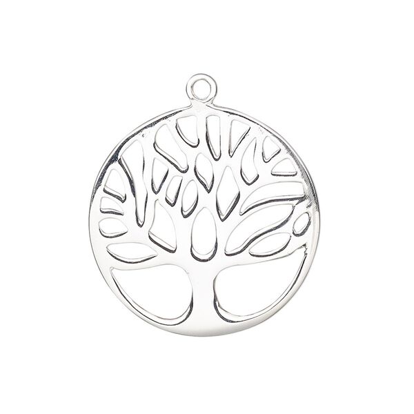 Drop, sterling silver, 25mm double-sided flat round with cutout tree design. Sold individually. image number 0