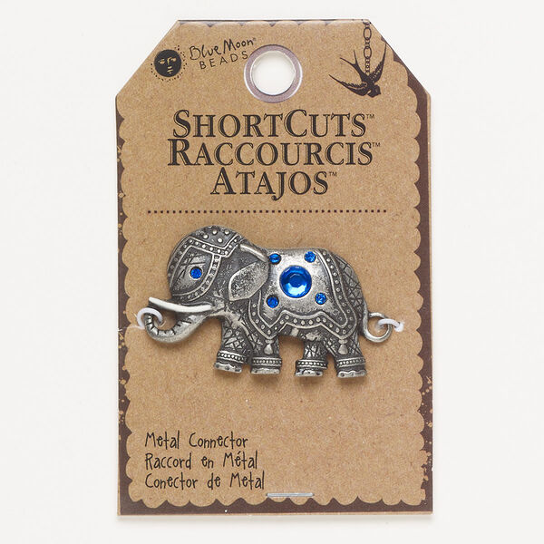 Focal, antique silver-finished brass / enamel / glass, blue and white, 41x28mm elephant. Sold individually. image number 0