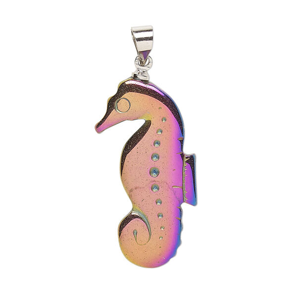 Pendant, electroplated Hemalyke™ (man-made) and silver-finished brass, rainbow, 29x15mm single-sided seahorse. Sold individually. image number 0
