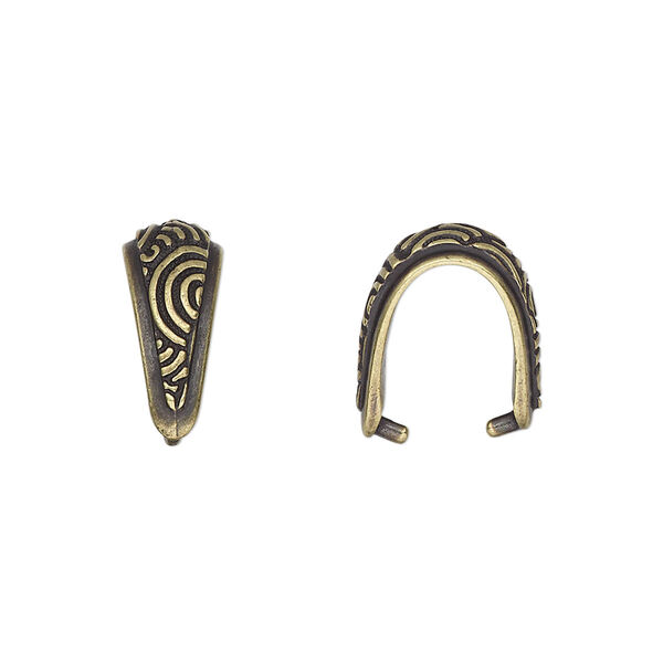 Bail, TierraCast®, ice-pick, antique brass-plated pewter (tin-based alloy), 15x6.5mm with swirl design, 11mm grip length. Sold per pkg of 2. image number 0
